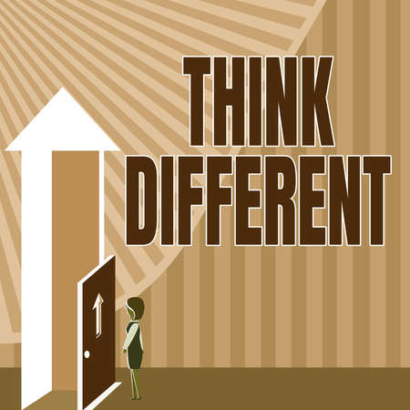 Text showing inspiration Think Different. Word Written on be unique with your thoughts or attitude Wind of change Lady Standing Front Of Door Opening New Opportunities For Success.の写真素材