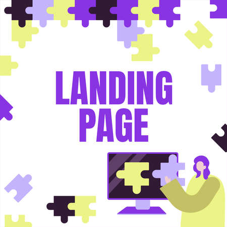 Text sign showing Landing Page. Business concept Website accessed by clicking a link on another web page Lady Holding Puzzle Piece Representing Innovative Problem Solving Ideas.の写真素材