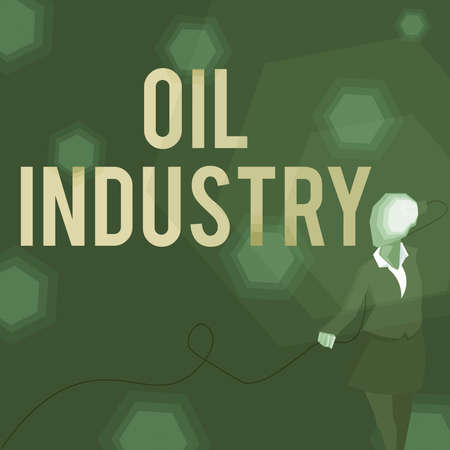 Sign displaying Oil Industry. Word for Exploration Extraction Refining Marketing petroleum products Lady wearing suit with a head full of ideas represented by a light bulb.の写真素材