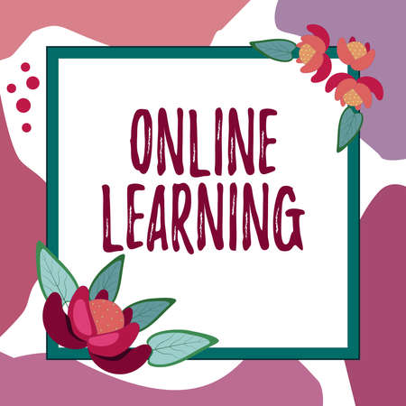 Text caption presenting Online Learning. Business showcase Larning with the assistance of the Internet and a computer Blank Frame Decorated With Abstract Modernized Forms Flowers And Foliage.の写真素材