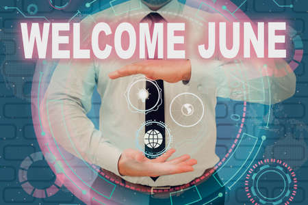 Conceptual caption Welcome June. Conceptual photo Calendar Sixth Month Second Quarter Thirty days Greetings Businessman in suit holding open palms represents innovative thinking.の写真素材