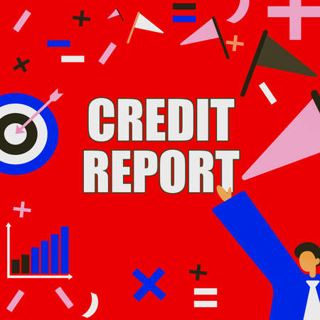 Text showing inspiration Credit Report. Internet Concept Borrowing Rap Sheet Bill and Dues Payment Score Debt History Successful Gentleman In Suit Displaying Current Goal Achievements.の写真素材