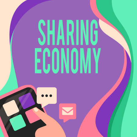 Conceptual caption Sharing Economy. Business concept economic model based on providing access to goods Finger Pressing Application Button Presenting Global Network Connection.の写真素材