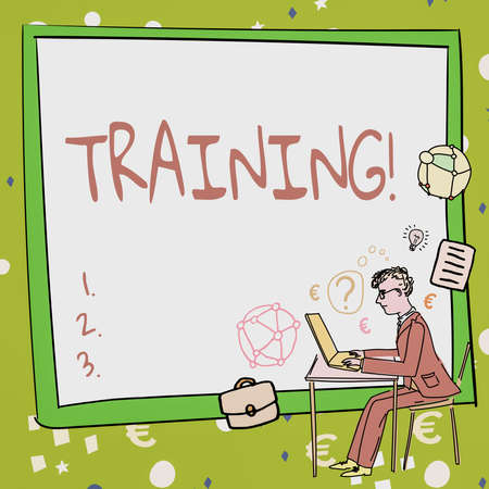 Text showing inspiration Training. Business concept An activity occurred when starting a new job project or work Man working on computer representing successful business strategy creation.の写真素材