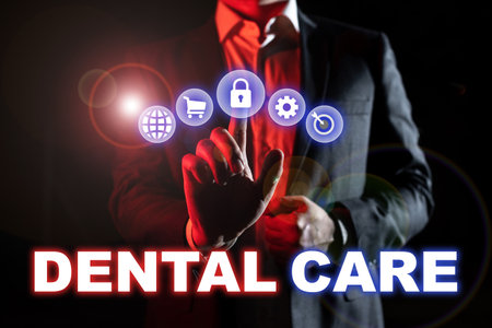 Hand writing sign Dental Care. Conceptual photo maintenance of healthy teeth or to keep it clean for future -47602の写真素材