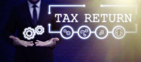 Text caption presenting Tax Return. Business idea which taxpayer makes annual statement of income circumstances Lady in suit holding pen symbolizing successful teamwork accomplishments.の写真素材