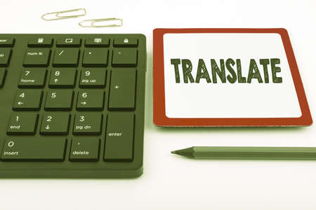 Conceptual display Translate. Word Written on Another word with same equivalent meaning of a target...