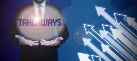 Text showing inspiration Takeaways. Business concept An act or instance of giving something from you to someone Lady standing front backdrop holding presentation achieving project goals.の写真素材