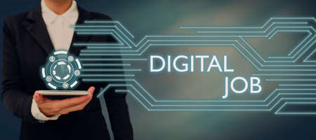 Hand writing sign Digital Job. Internet Concept get paid task done through internet and personal computer Businessman in suit holding notepad symbolizing successful teamwork.の写真素材