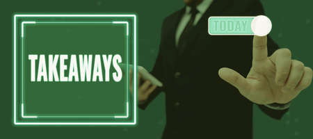 Writing displaying text Takeaways. Business overview An act or instance of giving something from you to someone Lady in suit holding pen symbolizing successful teamwork accomplishments.の写真素材