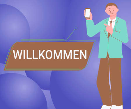 Hand writing sign Willkommen. Business concept welcoming showing event or your home something to that effect Man Holding Screen Of Mobile Phone Showing The Futuristic Technology.の写真素材