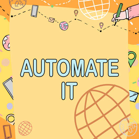 Text sign showing Automate It. Conceptual photo convert process or facility to be operated automatic equipment. Plain Whiteboard With Hand Drawing Guide Line For Steps Over World Globe.の写真素材