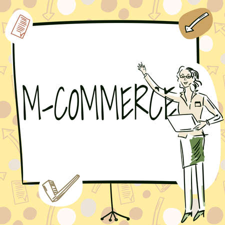 Writing displaying text M Commerce. Business idea commercial transactions conducted electronically by mobile phone Businesswoman Casual Standing Presenting Charts And New Wonderful Ideas.の写真素材