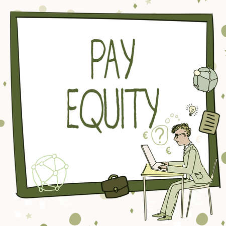 Text caption presenting Pay Equity. Business approach eliminating sex and race discrimination in wage systems Man working on computer representing successful business strategy creation.の写真素材