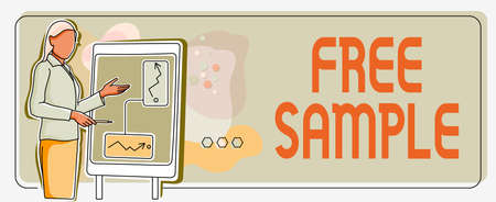 Text showing inspiration Free Sample. Conceptual photo portion of products given to consumers in shopping malls Lady standing front backdrop holding presentation achieving project goals.の写真素材