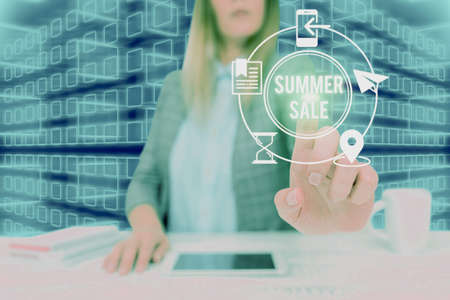 Handwriting text Summer Sale. Conceptual photo Annual discount events that takes place during summer season Lady in suit pointing finger upwards symbolizing successful teamwork.の写真素材