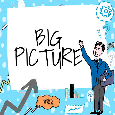 Conceptual display Big Picture. Business showcase most important facts about certain situation and its effects Gentleman Drawing Standing Pointing Finger In Blank Whiteboard.の写真素材