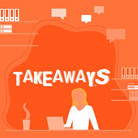 Text showing inspiration Takeaways. Word Written on An act or instance of giving something from you to someone Woman Sitting On Desk Working And Presenting New Technologies.の写真素材