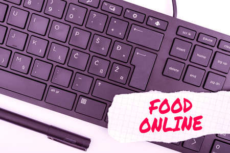 Text sign showing Food Online. Business approach asking for something to eat using phone app or website Computer Keyboard And Symbol.Information Medium For Communication.の写真素材