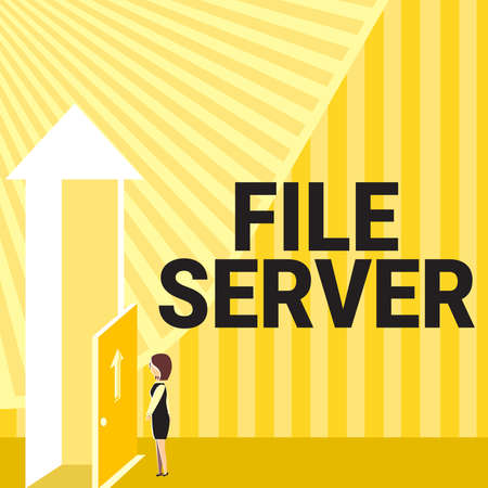 Inspiration showing sign File Server. Business concept device which controls access to separately stored data Lady Standing Front Of Door Opening New Opportunities For Success.の写真素材