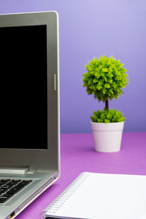 Lap Top With Important Informations On Table With Plant And Cup Of Coffee. Crutial Announcements Presented On Computer Screen On Desk With Flower And Mug.の写真素材