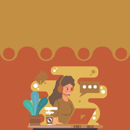 Lady Call Center Illustration With Headphones And Computer Speech Balloon Showing Message, Woman Using Laptop Earphones With Conversation Bubble Presenting Explanation.のイラスト素材