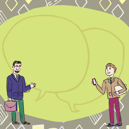 Teammates Finding Clues Together Displaying Team Cooperation. Collaborating Executives Colleagues Talking With Two Overlapping Speech Bubble Drawing Background.のイラスト素材