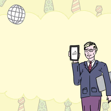 Businessman In Office Uniform Holding Phone Presenting New Ideas. Executive In Suit Having Cellphone In Hand And Clipboard. Neck Ties On Background And Space For Text.のイラスト素材