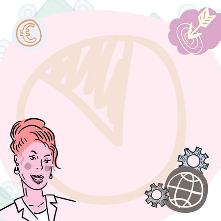 Businesswoman In Jacket Thinking About New Ideas And Financial Reports Of Worldwide Business Process. Plackard With Currency Signs, Arrows, Charts And Space For Textのイラスト素材