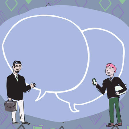 Teammates Finding Clues Together Displaying Team Cooperation. Collaborating Executives Colleagues Talking With Two Overlapping Speech Bubble Drawing Background.のイラスト素材