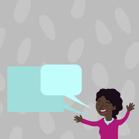 Woman Holding Two Speech Bubbles With Important Messages. Female Presenting Crutial Informations On Different Dialogue Balloons. Lady Showing Recent Updates.のイラスト素材