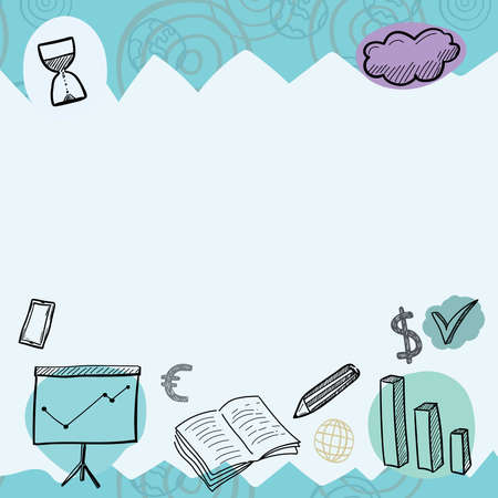 Financial Signs Against Creative Wallpaper With Cell Phone, Book, Sand Hourglasses And Chart. Describing Currency Planing On Wall Board. Plackard With Space For Textのイラスト素材