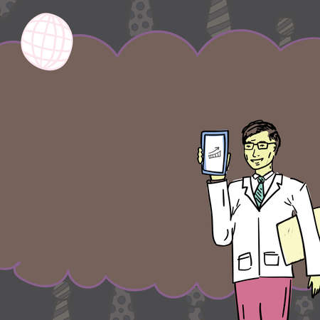 Businessman In Office Uniform Holding Phone Presenting New Ideas. Executive In Suit Having Cellphone In Hand And Clipboard. Neck Ties On Background And Space For Text.のイラスト素材