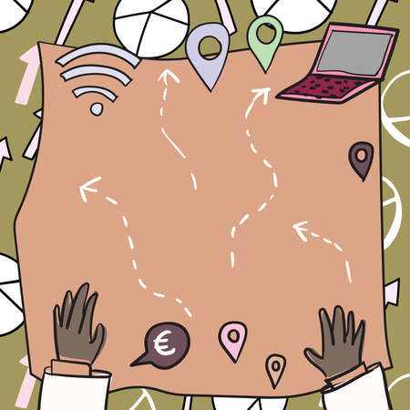 Hands On Blueprint With Routes And Ways Leading To Wireless Internet Connection, Laptop, Navigation Marks And Currency Signs Symbolizing The Travel Workflowのイラスト素材