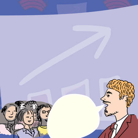Businessman In Suit Presenting Finance Report Corporate Meeting. Male Manager Discusses New Technology Graphs. Professional Leading Teaching University Class.のイラスト素材