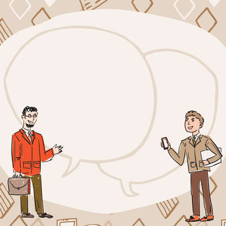 Teammates Finding Clues Together Displaying Team Cooperation. Collaborating Executives Colleagues Talking With Two Overlapping Speech Bubble Drawing Background.のイラスト素材