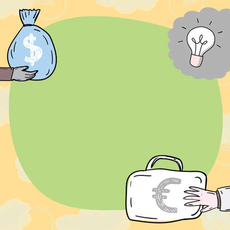 Hand Holding Bag Of Cash With Illuminated Light Bulb Presenting Data By Digitally Generated Patterns. Introducing New Ideas And Business Strategies.のイラスト素材