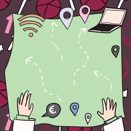 Hands On Blueprint With Routes And Ways Leading To Wireless Internet Connection, Laptop, Navigation Marks And Currency Signs Symbolizing The Travel Workflowのイラスト素材