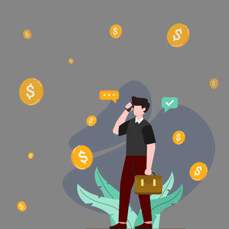 Businessman Standing And Using Phone Holding Briefcase. Executive Holding A Mobile Gadget On Financial Background With Coins And Plant Leaves.のイラスト素材