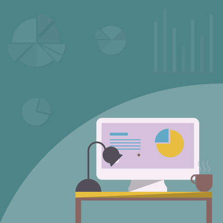 Desktop Resting On A Table Beside Coffee Mug And Light Lamp Showing Work Process. Organized Workspace Displaying Remote Job Projects.のイラスト素材