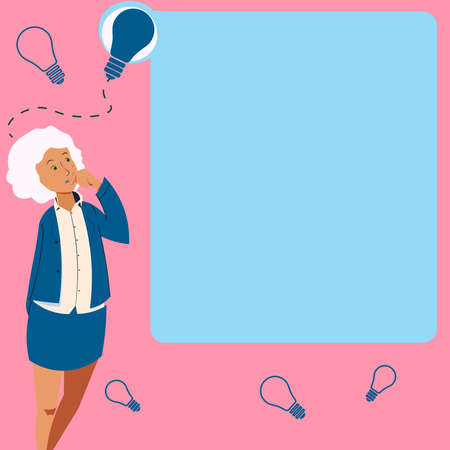 Business Woman Drawing Standing Beside Board Presentation Thinking New Ideas. Lady Next Demonstrating Reasoning Recent Concepts.. Manager Presenting Recent Plans.のイラスト素材