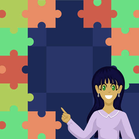 Businesswoman Presenting Important Messages With Puzzle In Background. Woman Showing Crutial Informations With Jigsaw In Back. Critical Ideas Presented.のイラスト素材