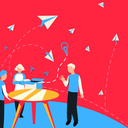 Colleagues Thinking New Innovative Ideas Around Table. Three People Discussing Recent Updates. Executives Reasoning Current Original Data Over Desk.のイラスト素材