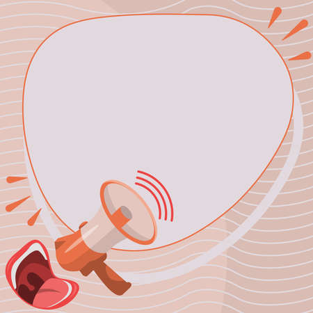 Large Mouth Speaking Megaphone Drawing With Conversation Bubble Showing New Announcement. Bullhorn Voice Device With Speech Balloon Presenting Messages.のイラスト素材