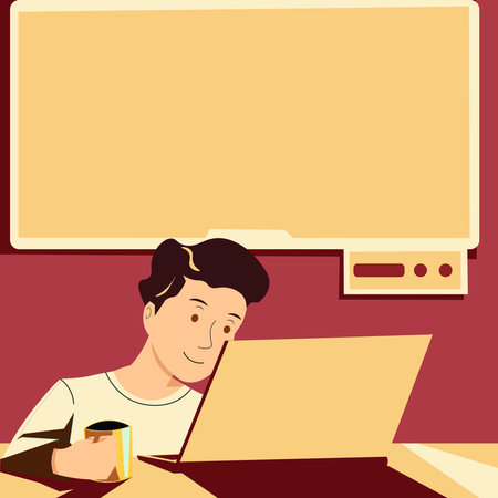 Man Holding Cup, Looking On Lap Top And Presenting Important News On Tv Behind. Boy Having Mug In Hand, Staring On Computer And Showing Crutial Informations.のイラスト素材