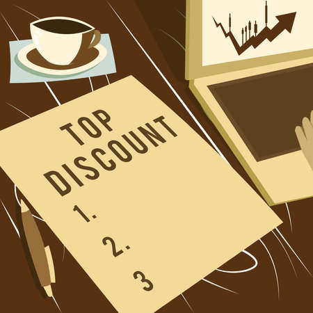 Conceptual display Top Discount. Conceptual photo Best Price Guaranteed Hot Items Crazy Sale Promotions Laptop Resting Beside Coffee Mug And Plain Sheet Showing Work Process.の写真素材