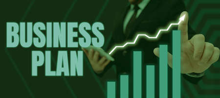 Sign displaying Business Plan. Conceptual photo Structural Strategy Goals and Objectives Financial Projections Lady in suit holding pen symbolizing successful teamwork accomplishments.の写真素材