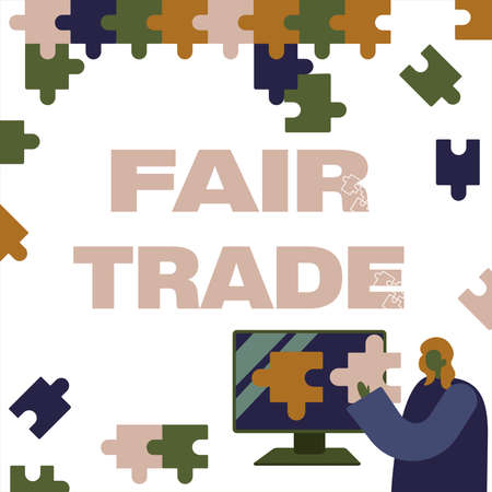 Text showing inspiration Fair Trade. Internet Concept Small increase by a manufacturer what they paid to a producer Lady Holding Puzzle Piece Representing Innovative Problem Solving Ideas.の写真素材