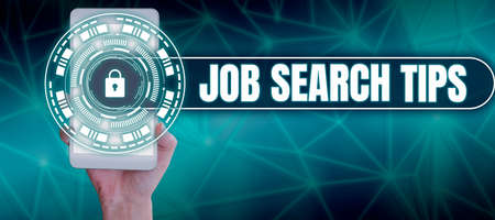 Text showing inspiration Job Search Tips. Concept meaning Recommendations to make a good resume to obtain a position Woman With Mobile Phone Presenting Digital Lock For Network Security.の写真素材