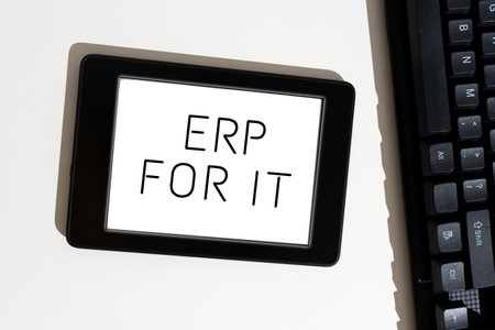 Inspiration showing sign Erp For It. Internet Concept Enterprise resource planning software for integrate applications Important Message Presented On Tablet On Desk With Keyboard.の写真素材